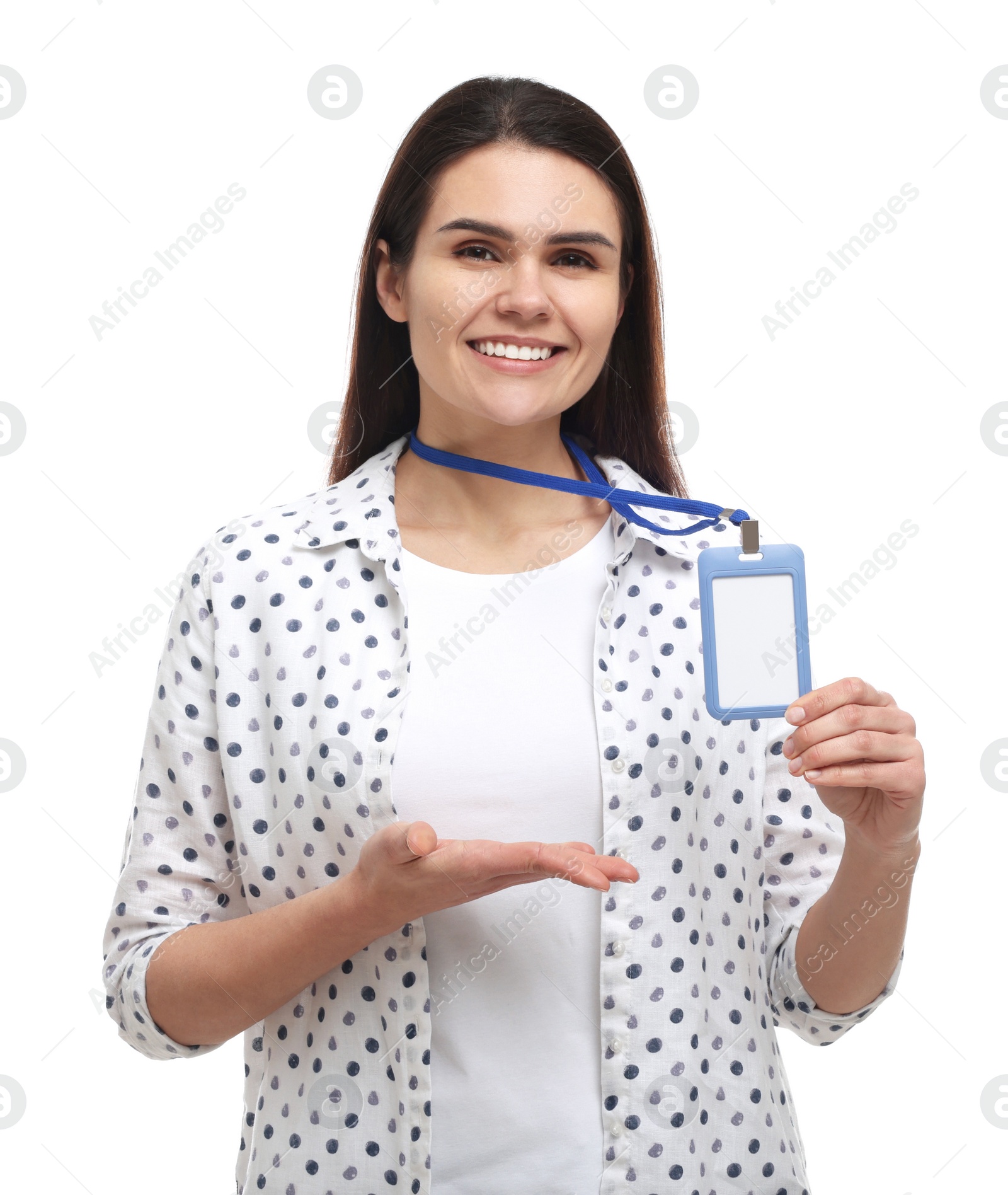 Photo of Happy woman showing vip pass badge on white background