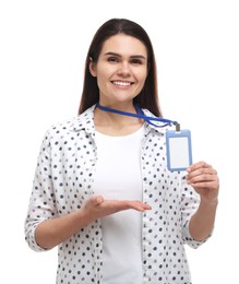 Happy woman showing vip pass badge on white background