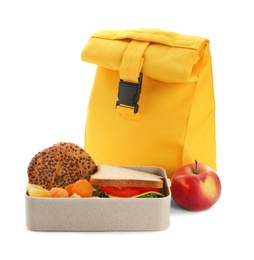 Photo of Lunch box with appetizing food and bag on white background