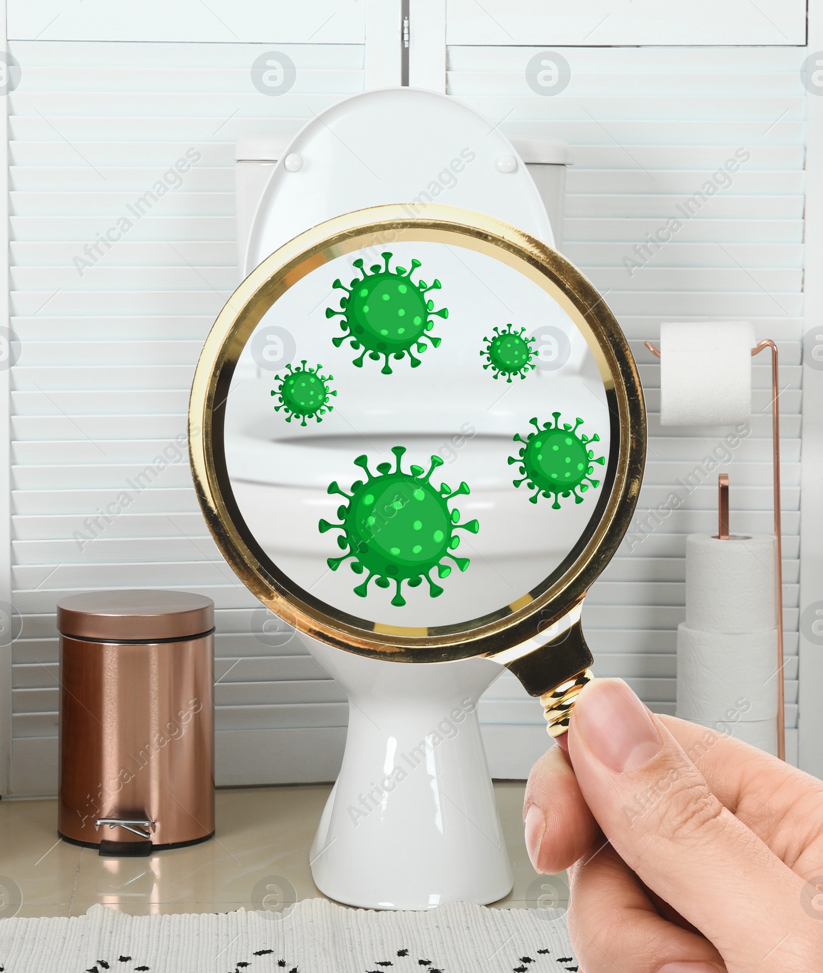 Image of Woman with magnifying glass detecting microbes on toilet bowl in bathroom, closeup  