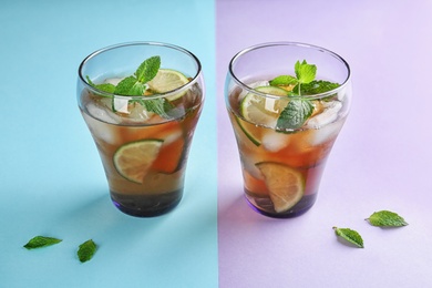 Photo of Glasses of refreshing iced tea on color background