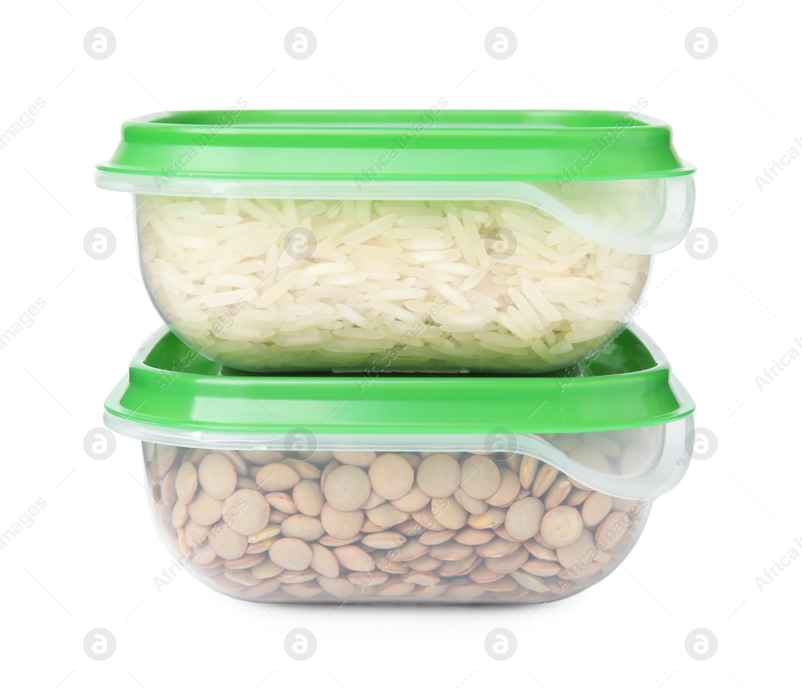 Photo of Plastic containers filled with food products isolated on white