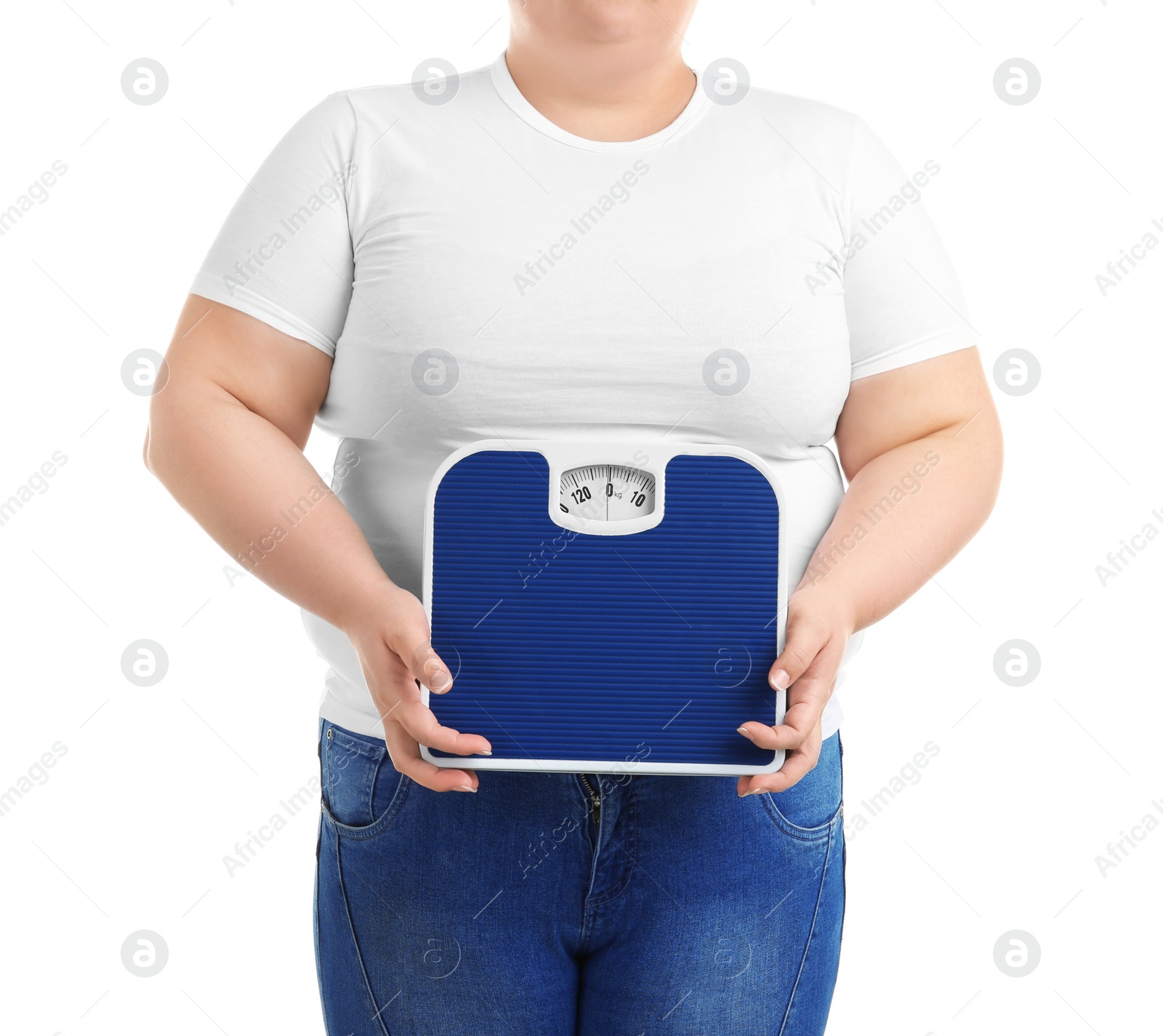 Photo of Overweight woman with scales on white background