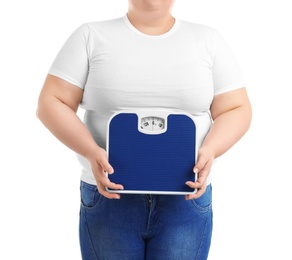 Photo of Overweight woman with scales on white background