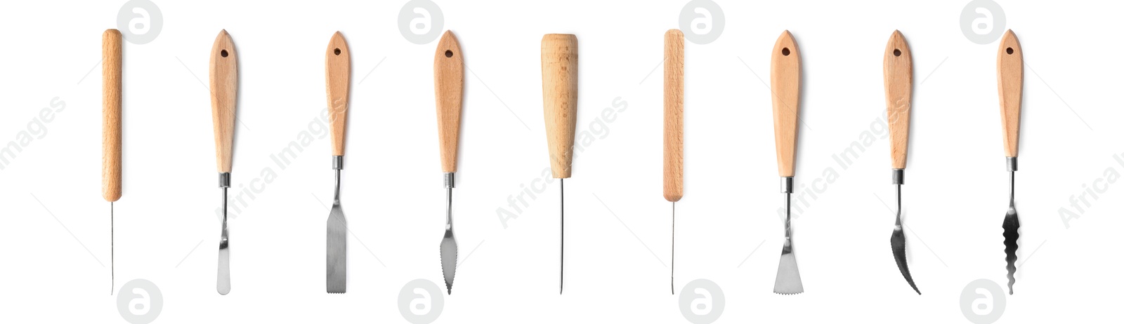 Image of Set with different leather working tools on white background, top view. Banner design