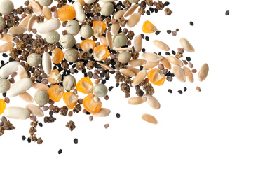 Mix of vegetable seeds on white background, top view