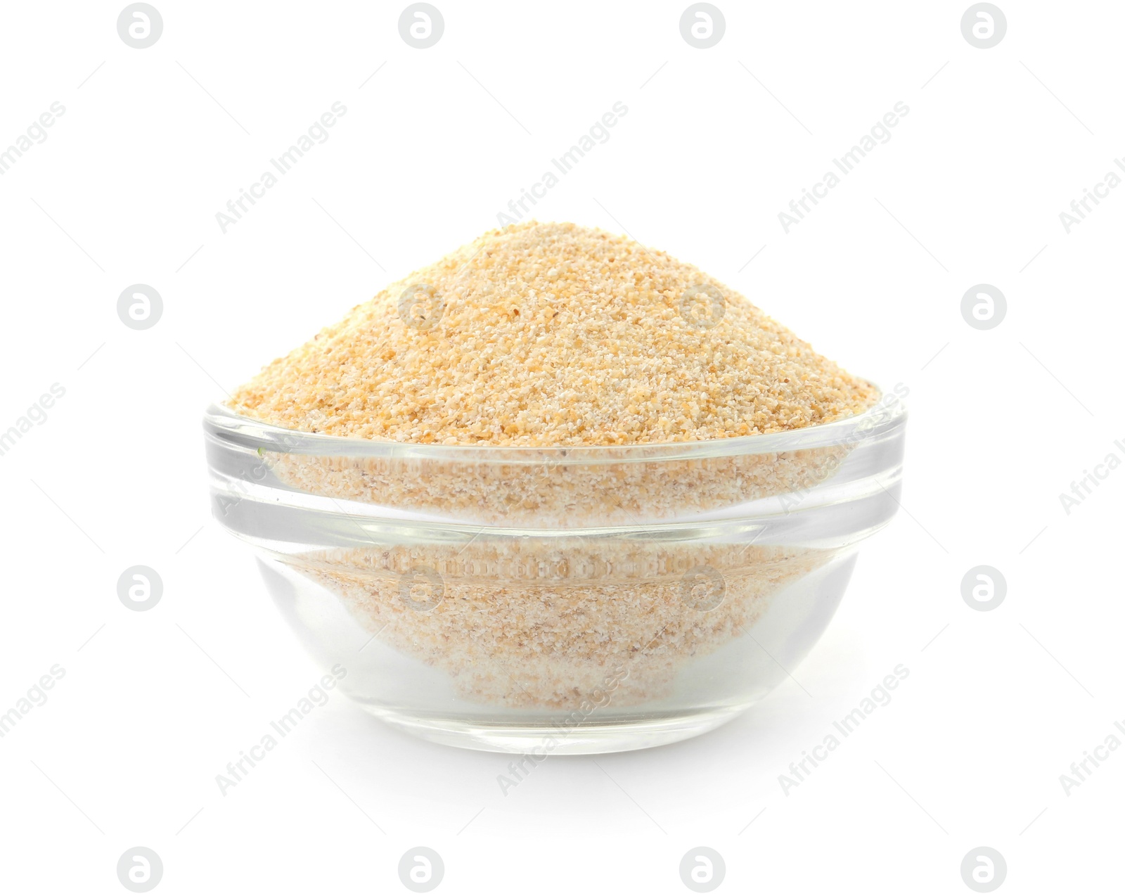 Photo of Bowl of dry garlic powder on white background