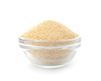 Bowl of dry garlic powder on white background