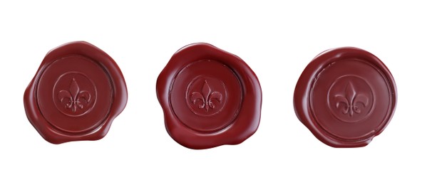 Set with red wax seals on white background, top view. Banner design 