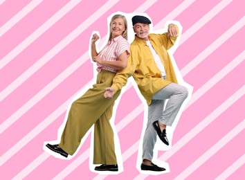 Happy couple dancing on bright background. Creative collage with stylish mature man and woman. Concept of music, energy, party, fashion, lifestyle