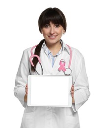 Photo of Mammologist with pink ribbon showing tablet on white background. Breast cancer awareness