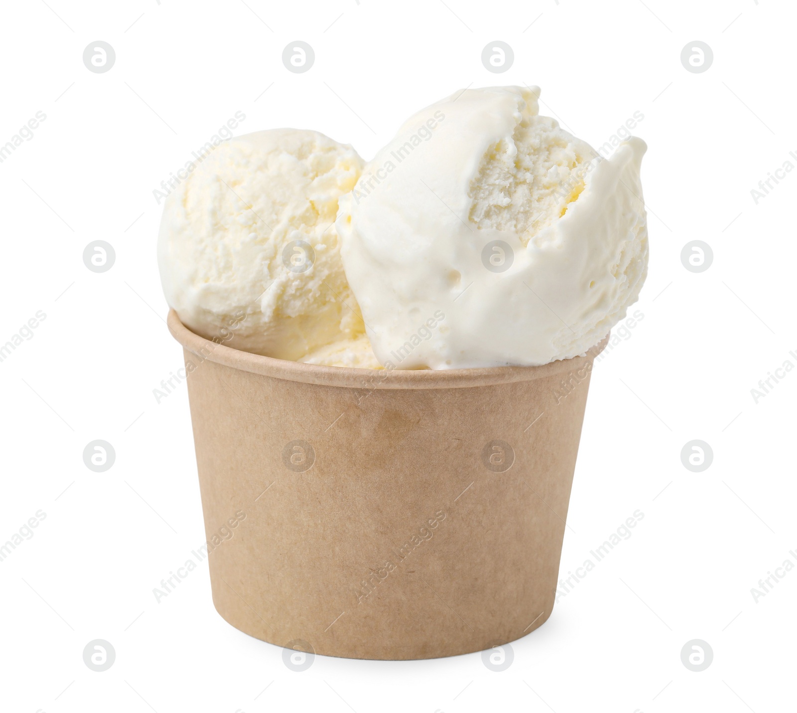 Photo of Delicious vanilla ice cream in paper cup isolated on white