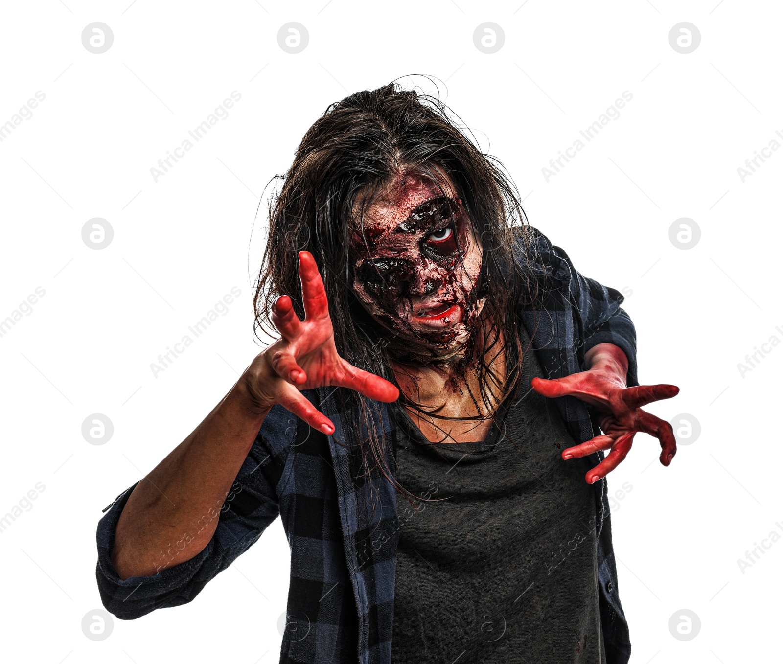 Photo of Scary zombie on white background. Halloween monster