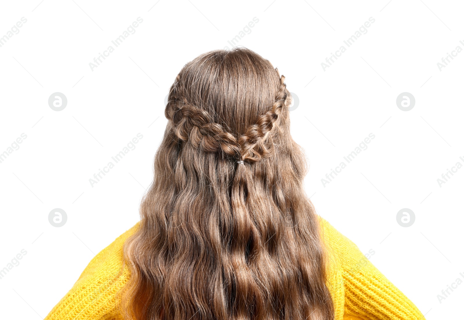 Photo of Little girl with braided hair on white background, back view