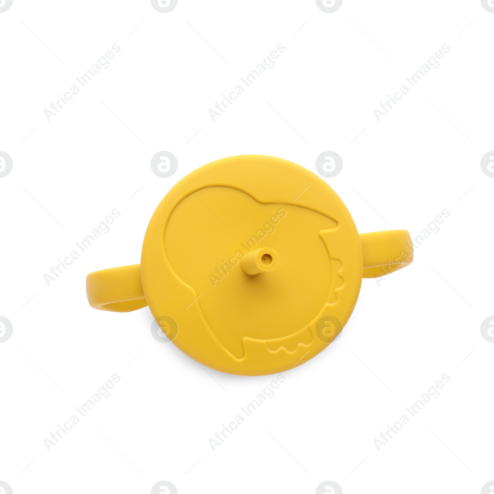 Photo of Plastic baby cup with lid and straw isolated on white, top view