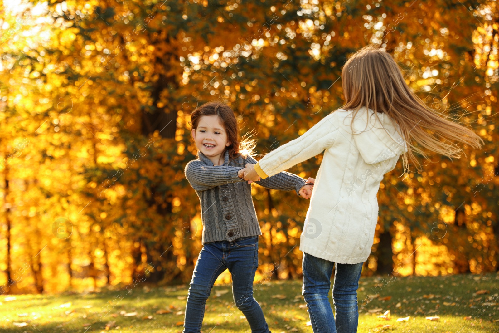 Photo of Happy little girls playing in sunny park. Autumn walk