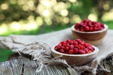Tasty wild strawberries in bowls on wooden stump outdoors. Space for text