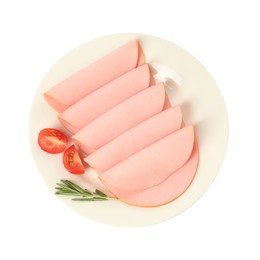 Photo of Slices of delicious boiled sausage with rosemary and tomato on white background, top view