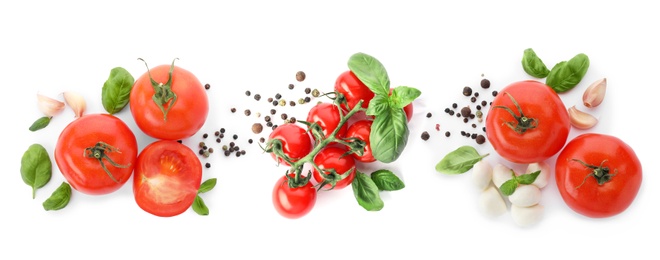 Image of Set of ripe red tomatoes, green basil leaves, garlic and peppers mix on white background, top view