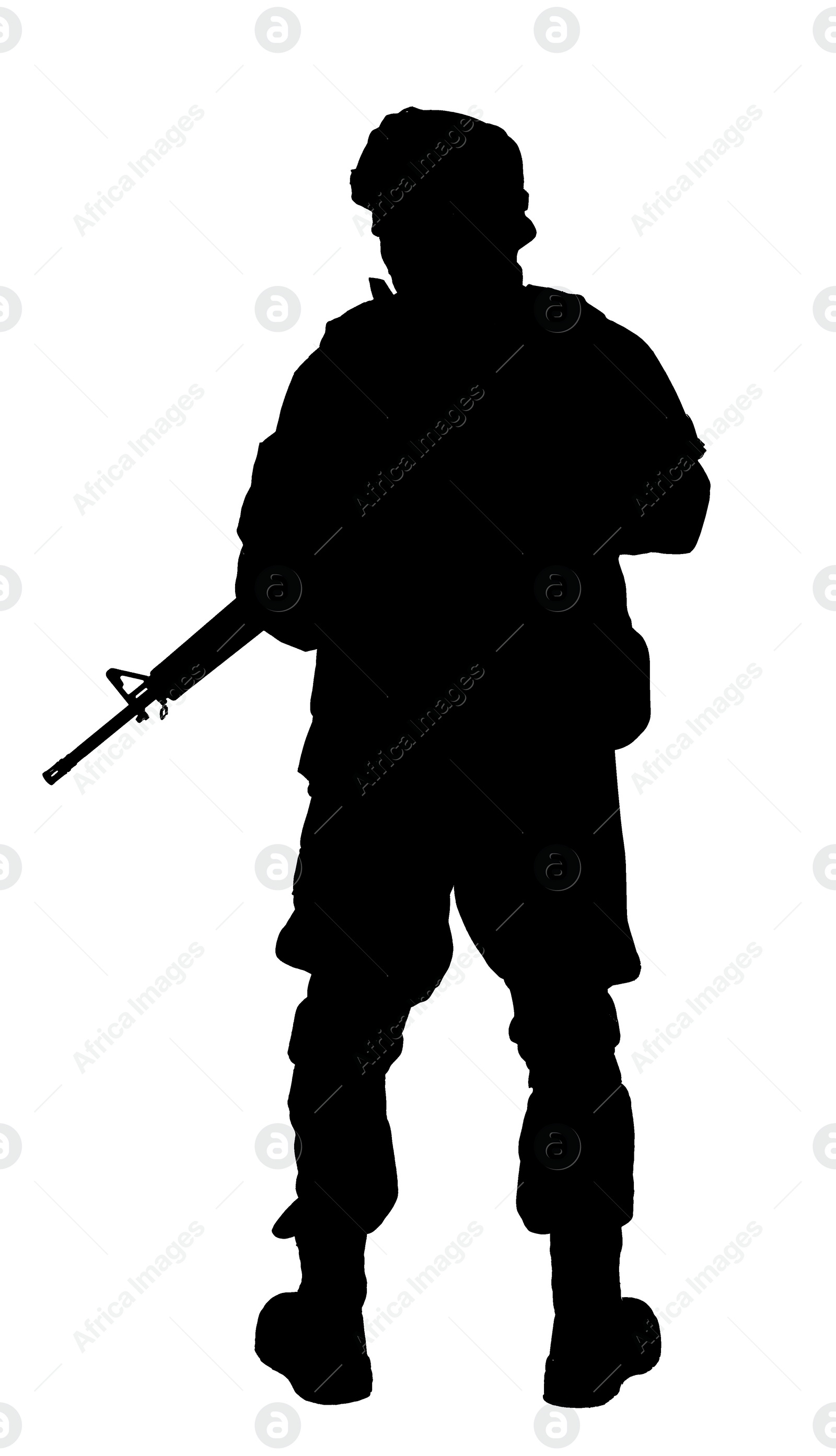 Image of Silhouette of soldier with assault rifle on white background. Military service