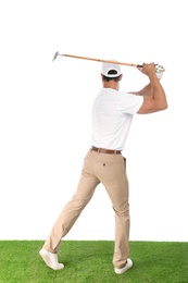 Photo of Young man playing golf on white background