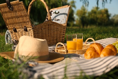 Photo of Picnic blanket with delicious food and juice outdoors on sunny day