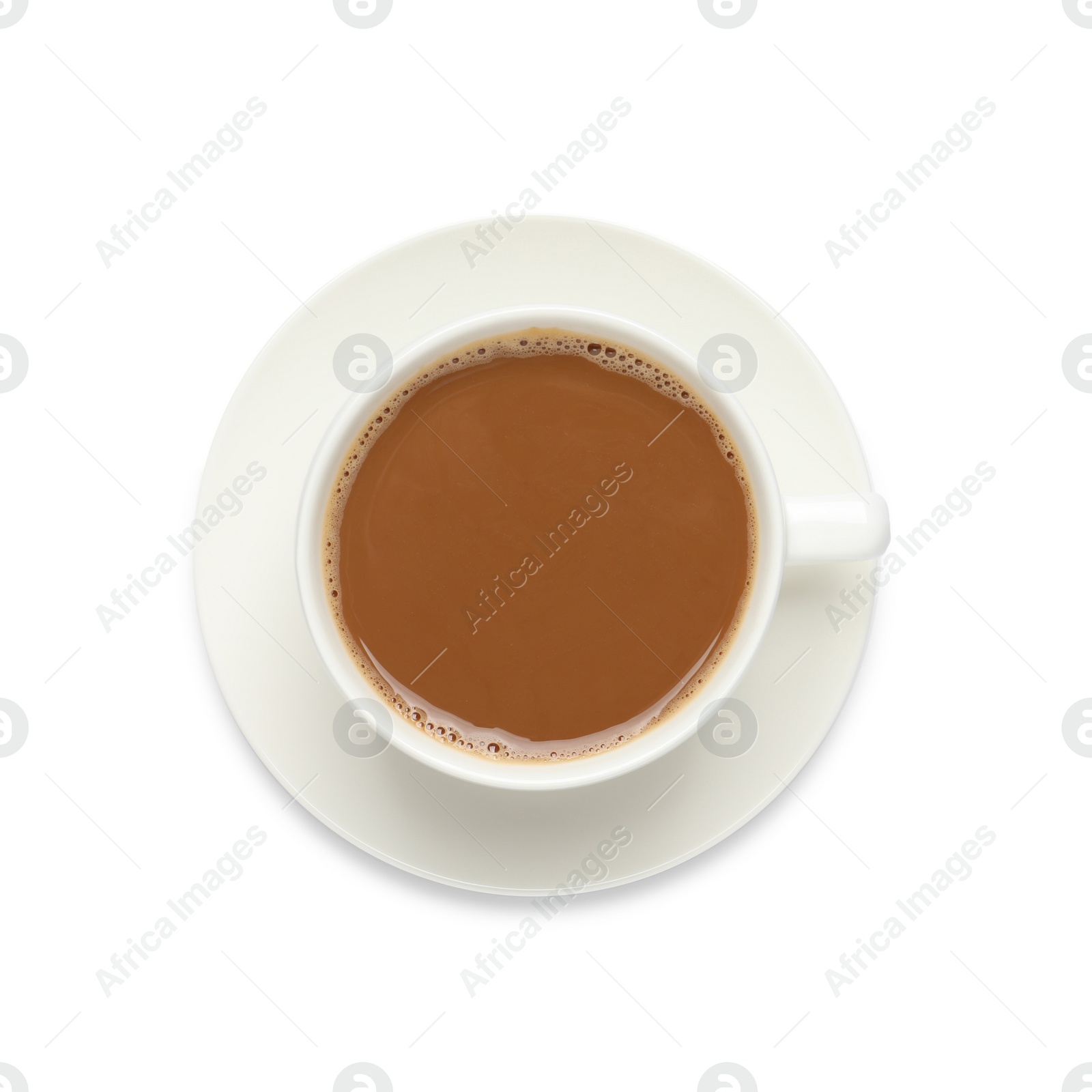 Photo of Cup of aromatic hot coffee on white background, top view