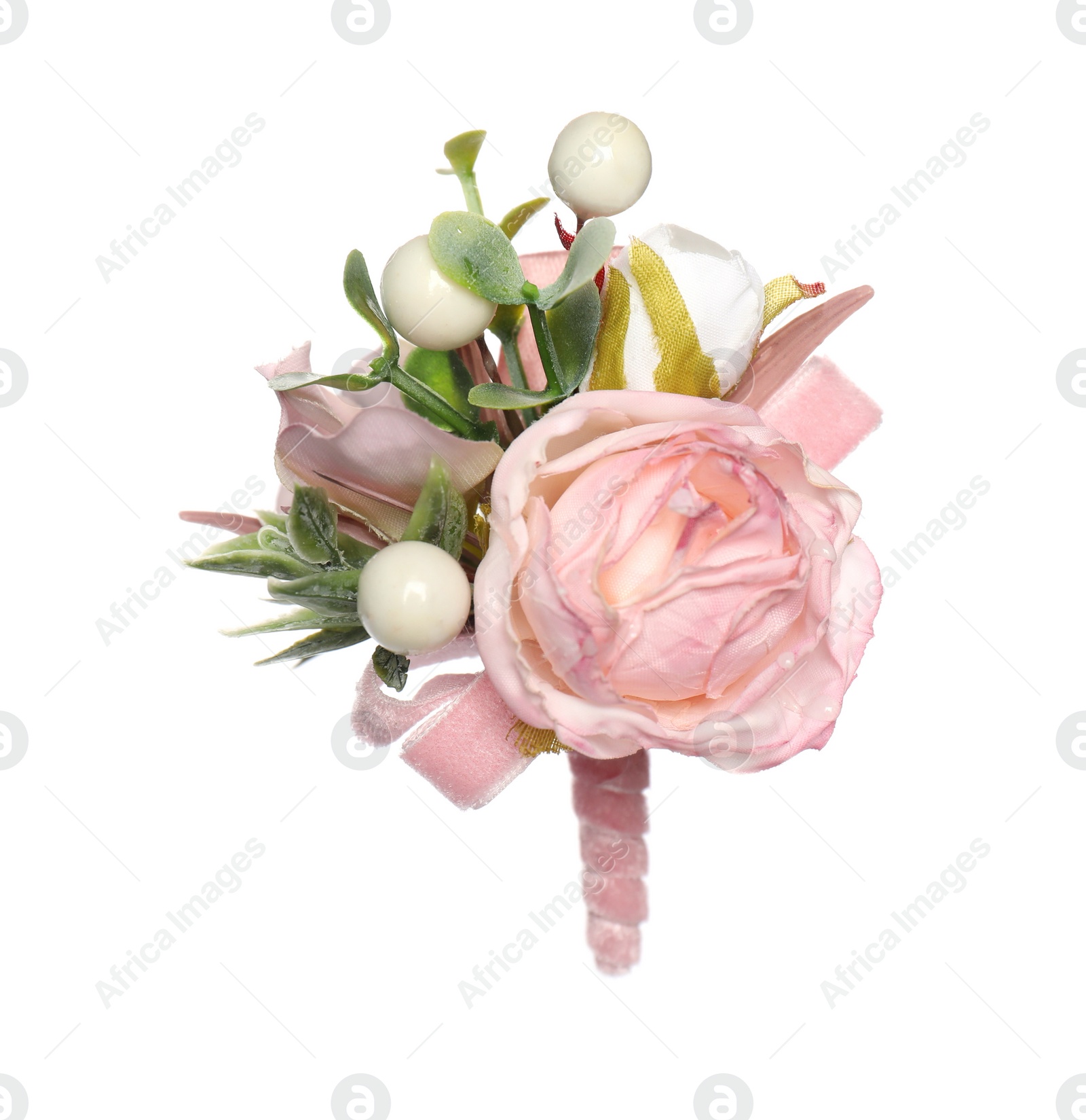 Photo of Beautiful boutonniere with pink rose isolated on white