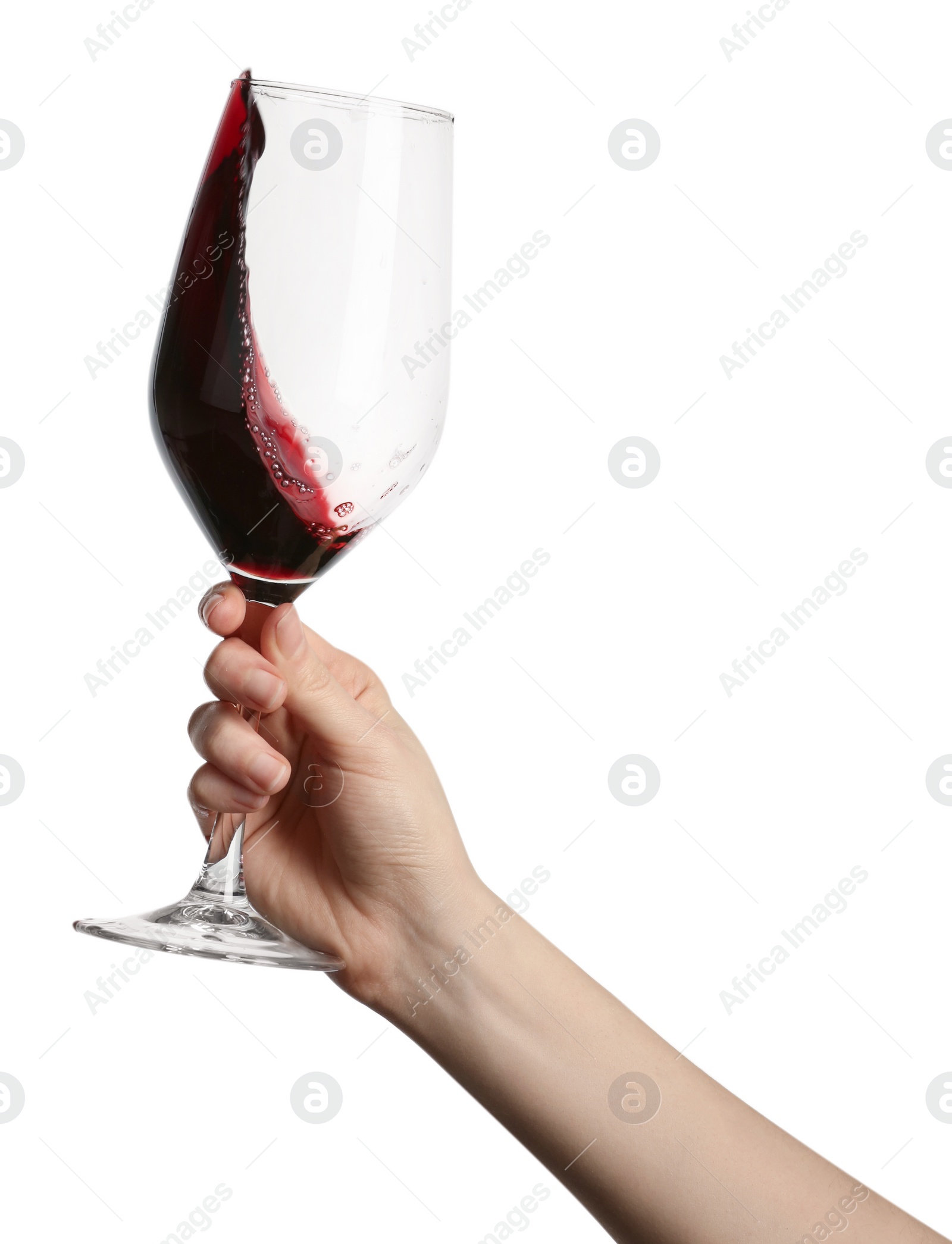 Photo of Woman with tasty red wine in glass isolated on white, closeup