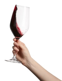 Woman with tasty red wine in glass isolated on white, closeup