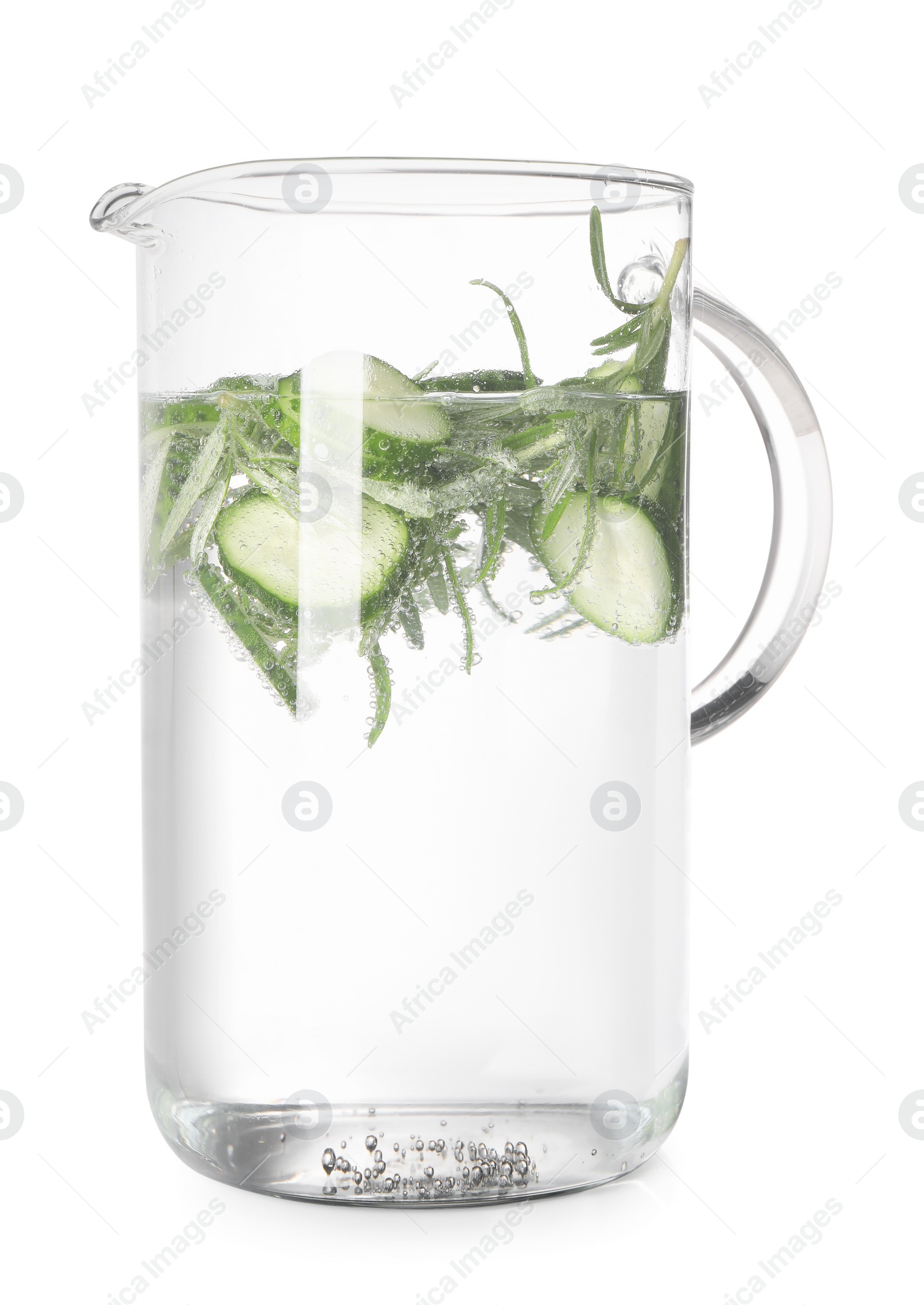 Photo of Refreshing cucumber water with rosemary in jug isolated on white