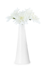 Stylish ceramic vase with flowers isolated on white
