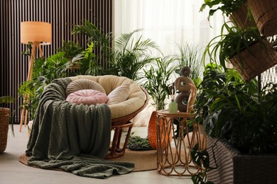 Indoor terrace interior with soft papasan chair and green plants