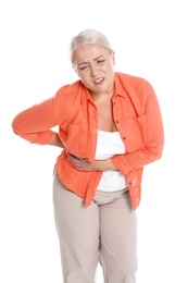 Photo of Woman suffering from pain in right side on white background