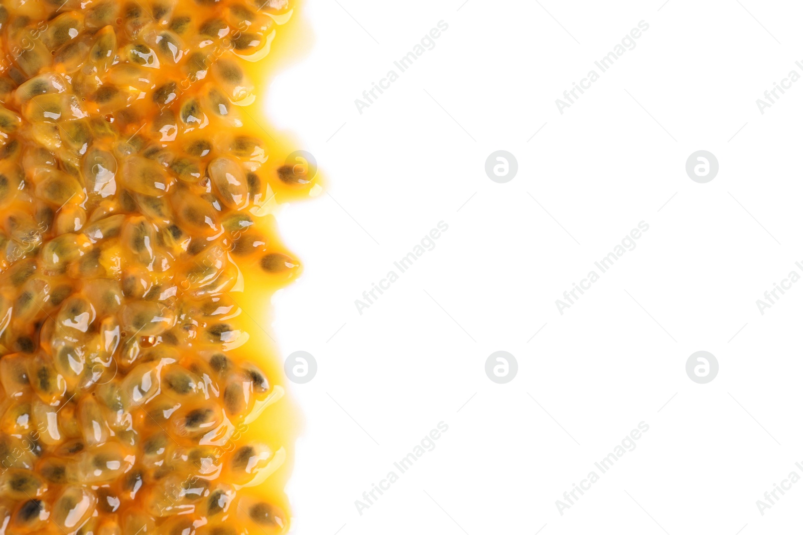 Photo of Passion fruit seeds on white background, top view