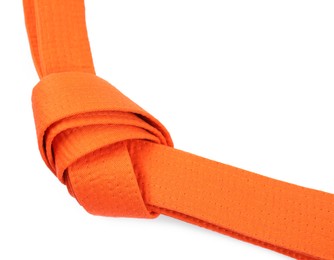 Orange karate belt isolated on white. Martial arts uniform
