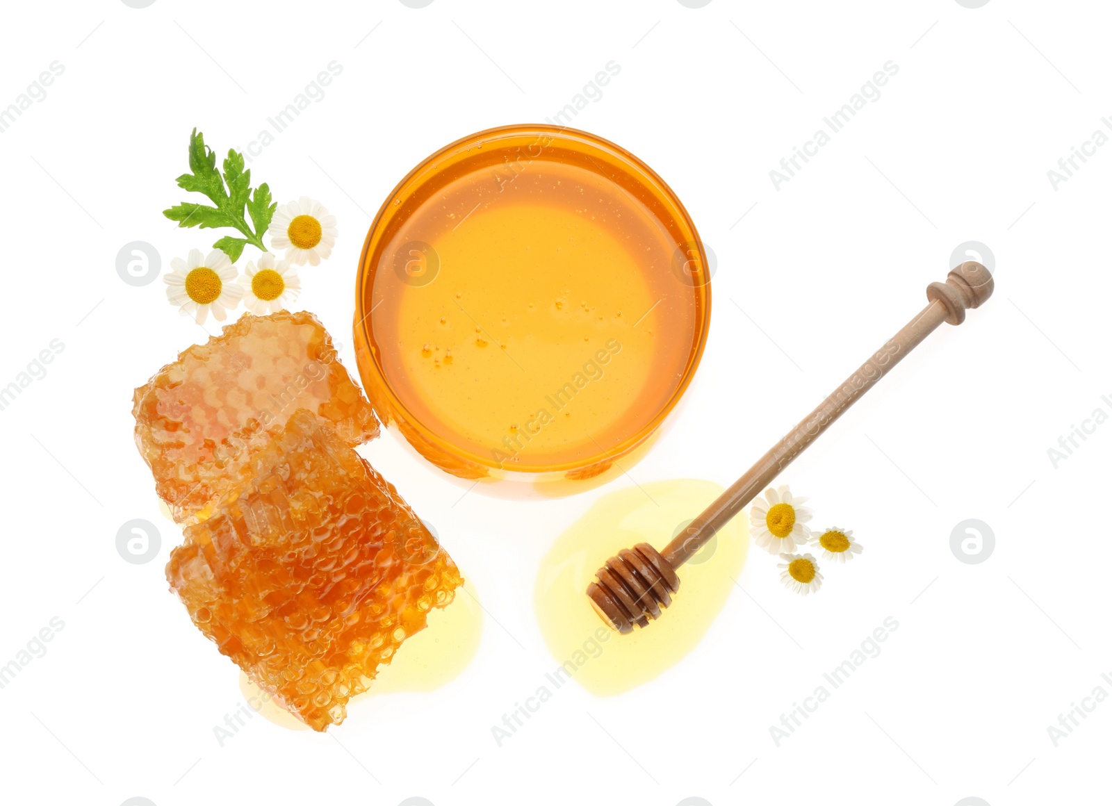 Photo of Composition with fresh honey on white background, top view