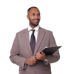 Photo of Portrait of happy man with clipboard on white background. Lawyer, businessman, accountant or manager