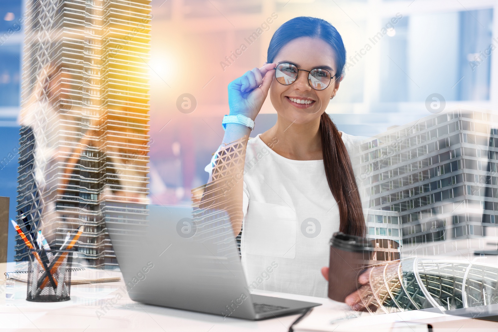 Image of Double exposure of successful businesswoman and cityscape