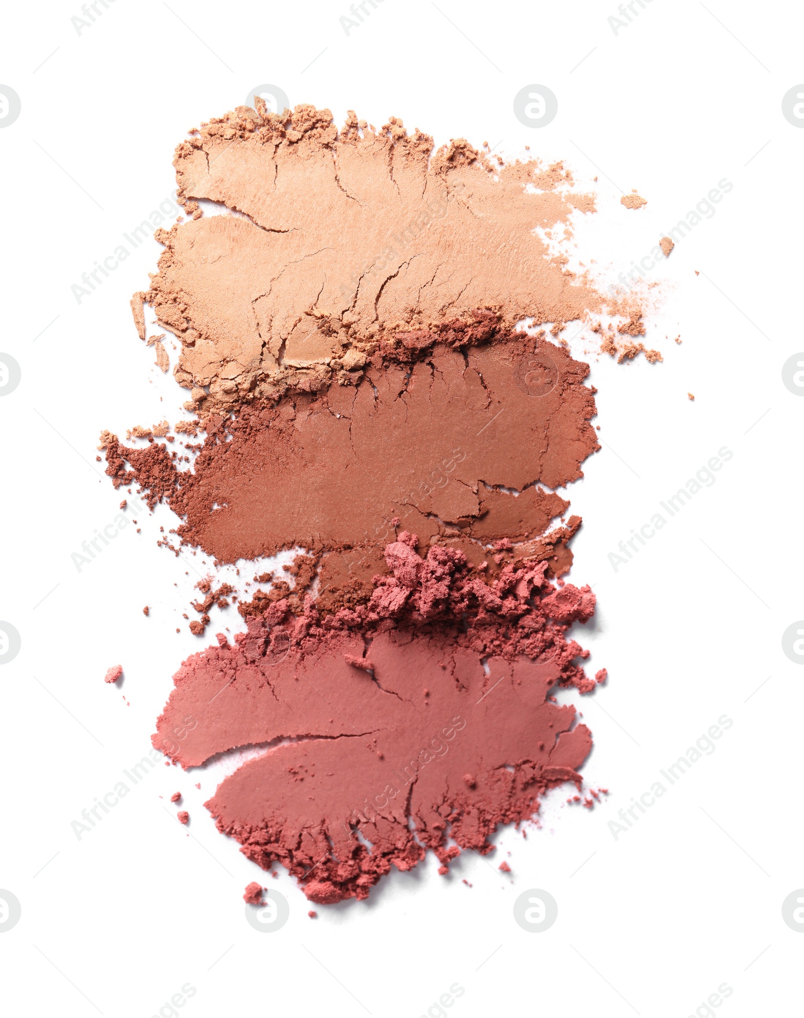 Photo of Crushed eye shadows on white background, top view. Professional makeup product