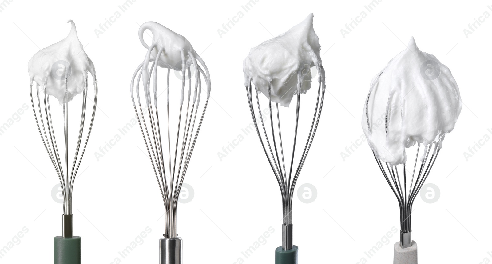 Image of Many different whisks with cream isolated on white, collection