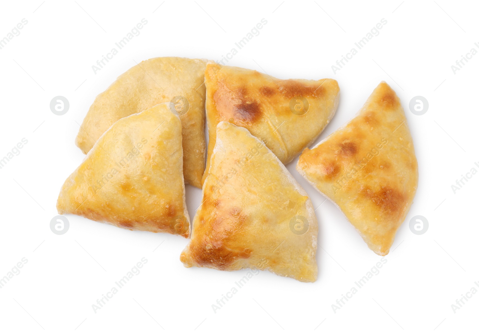 Photo of Delicious samosas isolated on white, top view