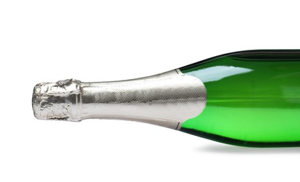 Photo of Bottle of sparkling wine on white background