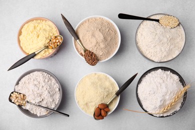 Photo of Bowls with different types of flour and ingredients on light grey table, flat lay