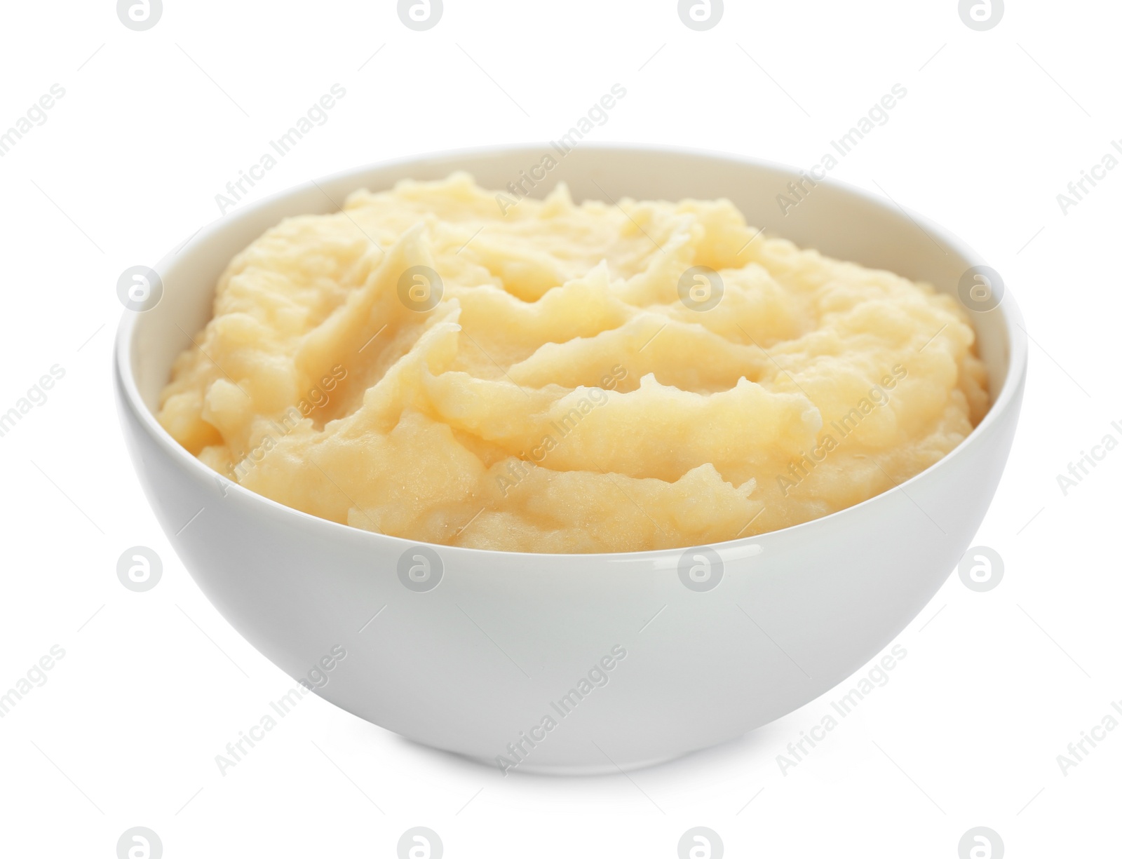 Photo of Bowl with mashed potatoes on white background