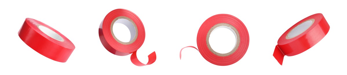 Image of Collage with red insulating tape on white background, different sides