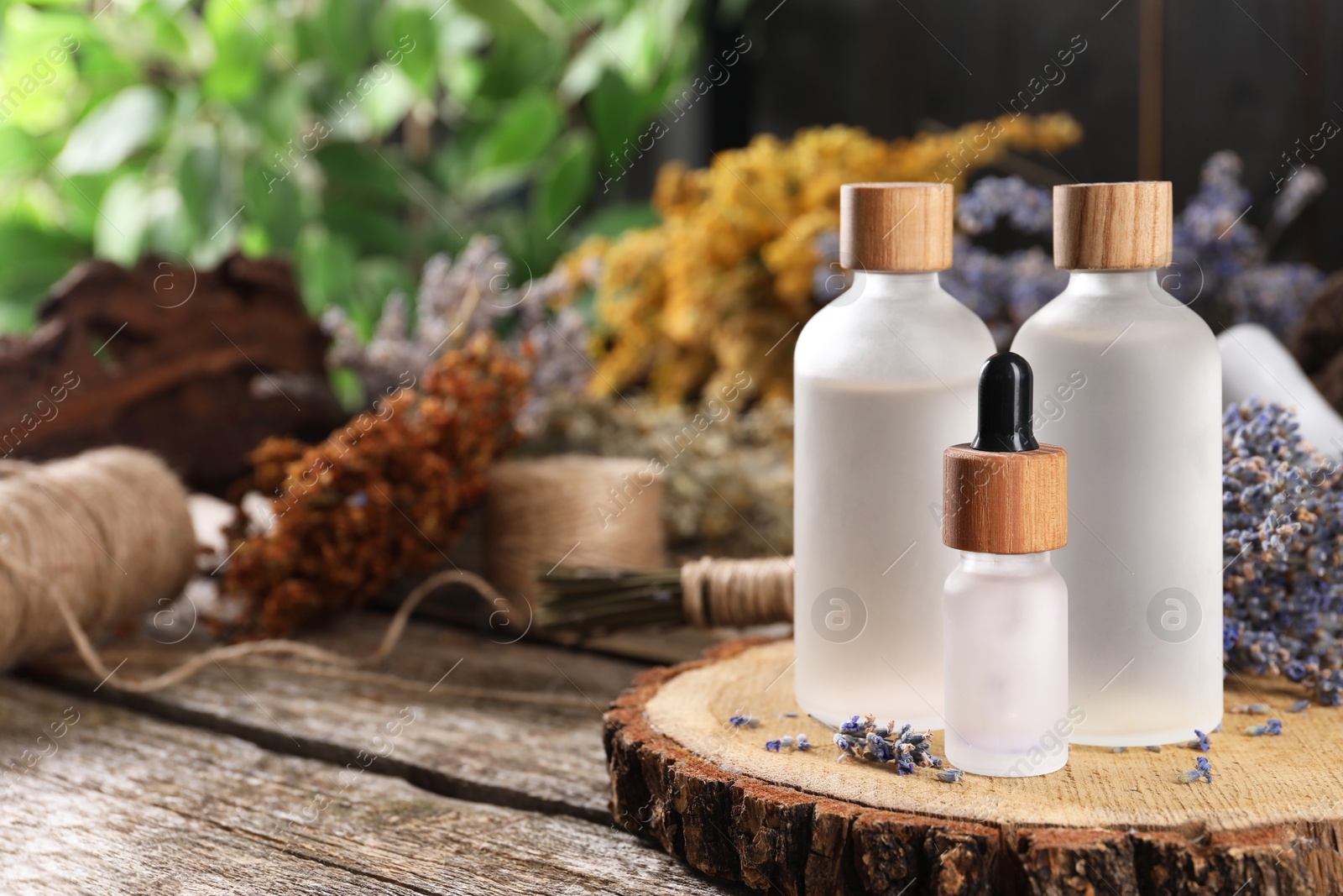 Photo of Bottles of essential oils and dry lavender flowers on wooden table, space for text. Medicinal herbs