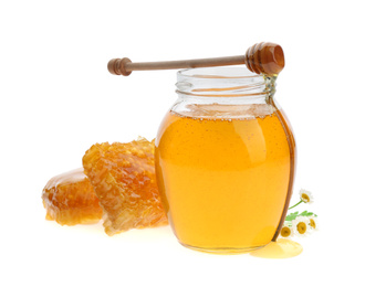 Photo of Composition with fresh honey on white background