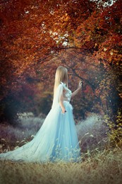 Beautiful girl wearing fairy dress in autumn forest