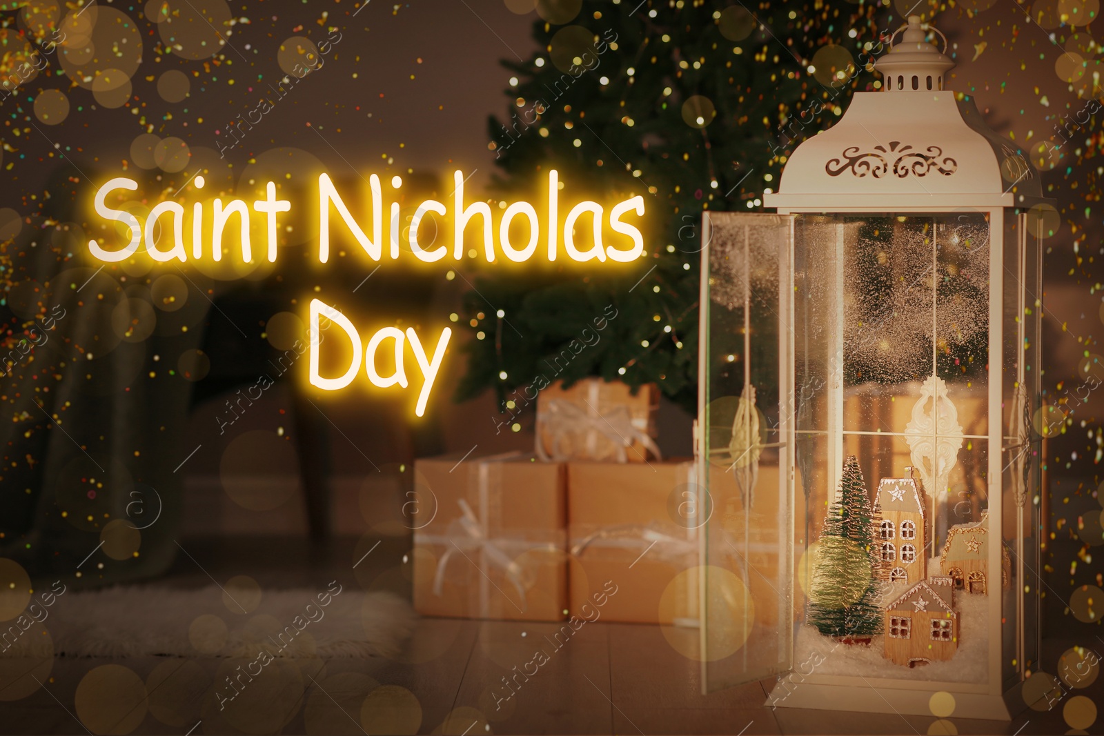 Image of Saint Nicholas Day. Vintage wooden lantern on floor in decorated room